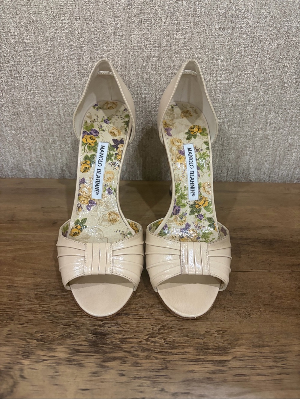 Manolo Blahnik Cream Open-Toe D'Orsay Heels with Floral Insole